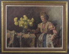 GEORGE WEISSBORT (1928 - 2013) A LADY WITH A VASE OF YELLOW ROSES Signed and dated, 19667, oil on