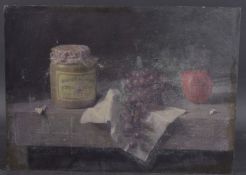 GEORGE WEISSBORT (1928 - 2013) A STILL LIFE, a jar of mustard, grapes and apples Oil on board,