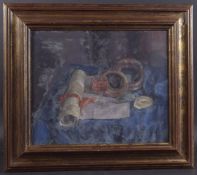 GEORGE WEISSBORT (1928 - 2013) A STILL LIFE a serviette, a glass of wine on a blue cloth Oil on