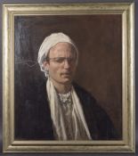 GEORGE WEISSBORT (1928 - 2013) PORTRAIT OF THE ARTIST with white head wear Signed, oil on board 70cm