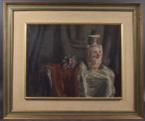 GEORGE WEISSBORT (1928 - 2013) STILL LIFE, a Chinese vase and flowers. Signed and dated, board. 43cm