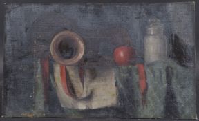 GEORGE WEISSBORT (1928 - 2013) A STILL LIFE, a tomato and jar on a shelf. Unframed, canvas on board.