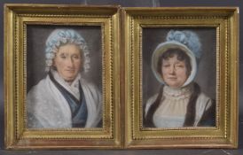 FRENCH SCHOOL (19TH CENTURY) Pair of portraits of two women, wearing pale blue hats pastel on board,