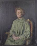 GEORGE WEISSBORT (1928 - 2013) A PORTRAIT OF A LADY in a gilt chair Oil on board, unframed. 100cm