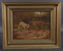 ARTHUR BATT (1846-1911) Terriers rabbit hunting, oil on board, signed and dated 1901 8.75