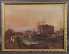 LATE 18TH / EARLY 19TH CENTURY SCHOOL View of a riverside wharf with chain ferry and moored boats,