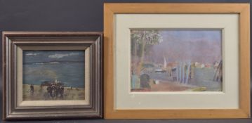 FRENCH 20TH CENTURY Ship and travellers embarking at a quayside, watercolour and gouache, 7