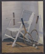 DE VILLANEUVA (20TH CENTURY) Tennis rackets and garden chair, coloured print, 16