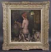 KEN MORONEY (1949-2018) Interior scene with a standing nude figure tying a seated woman's hair,