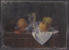 GEORGE WEISSBORT (1928 - 2013) STILL LIFE, a silver chalice and apples on a ledge. Unframed,