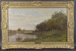 EDMOND MARIE PETITJEAN (1844-1925) A man fishing and a woman washing on a riverbank, oil on