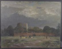 GEORGE WEISSBORT (1928 - 2013) AN APPROACHING STORM, church amidst the trees Oil on panel.