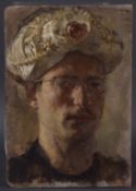 GEORGE WEISSBORT (1928 - 2013) A portrait of the artist wearing a turban. Oil on board, unframed.