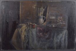 GEORGE WEISSBORT (1928 - 2013) THE ARTIST'S TOOLS Oil on canvas on board, unframed 30cm x 90cm