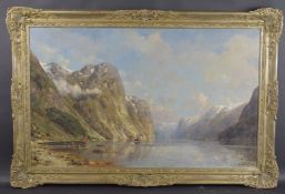 HENRY ENFIELD (1849-1908) Norwegian fjord landscape, oil on canvas, signed inscribed verso 'Ardal