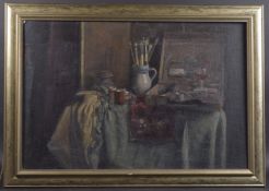 GEORGE WEISSBORT (1928 - 2013) THE ARTIST'S TOOLS Oil on canvas on board, framed 60cm x 90cm