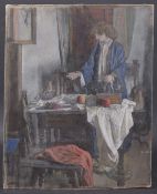 GEORGE WEISSBORT (1928 - 2013) INTERIOR, A YOUNG LADY in a blue coat standing before a table with