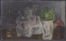 GEORGE WEISSBORT (1928 - 2013) A STILL LIFE, a teapot, glass and cabbage on a white cloth. Unframed,