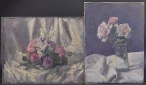 GEORGE WEISSBORT (1928 - 2013) A STILL LIFE roses in a glass jar. Oil on board, unframed. 40cm x