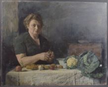GEORGE WEISSBORT (1928 - 2013) A LADY WITH VEGETABLES Oil on board, unframed. 72cm x 90cm