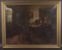 JACQUES ZON (1872-1932) Interior scene of a family seated at a table. oil on canvas, signed and