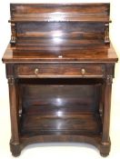 A GOOD LATE REGENCY ROSEWOOD SIDE CABINET with a shelf over a long drawer, lyre end supports, column