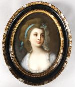 A GOOD 19TH CENTURY GERMAN PORCELAIN OVAL PLAQUE depicting ZOFIA POTOCKA in an ebonised frame.