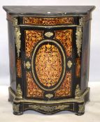 A MARBLE TOP BOULLE CABINET with large oval panel. 5ft 3ins high x 2ft 9ins wide.