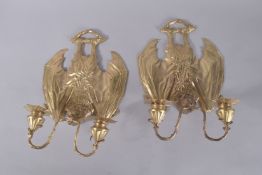 A GOOD PAIR OF GILT BRONZE BAT TWO-LIGHT WALL SCONCES. 13ins long.