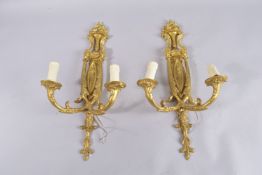 A GOOD PAIR OF GILT BRONZE TWO-LIGHT WALL SCONCES. 20ins.