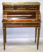 A GOOD 19TH CENTURY LOUIS XVI STYLE MAHOGANY CYLINDER BUREAU with marble top, three small drawers,
