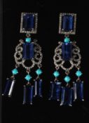 A SILVER, GOLD POST CHANDELIER KYANITE, DIAMOND AND TURQUOISE EARRINGS.