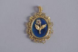 A 9CT GOLD, BLUE ENAMEL AND PEARL PENDANT.