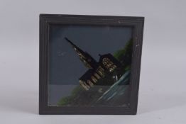 A FRAMED REVERSE PAINTING 'CHURCH'. 7.5ins x 7.5ins.