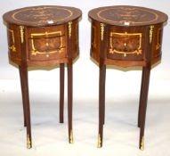 A PAIR OF LOUIS XVI STYLE INLAID OVAL BEDSIDE TABLES with two drawers, on curving legs. 2ft 4ins