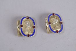 A PAIR OF RUSSIAN SILVER BLUE ENAMEL FIGURAL CUFFLINKS.