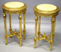 A GOOD PAIR OF LOUIS XVI STYLE GILTWOOD MARBLE TOP STANDS on four tapering legs. 2ft 3ins high x 1ft