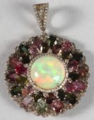 A SILVER OPAL, DIAMOND AND TOURMALINE PENDANT.