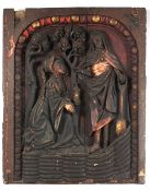 AN 18TH CENTURY CARVED WOODEN PANEL depicting in relief, MARY MAGDALENE and CHRIST. 29ins x 23ins.