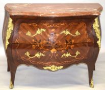 A LOUIS XVI BOMBE FRONTED MARBLE TOP COMMODE with marquetry inlay, two long deep drawers, ormolu