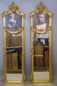 A PAIR OF LOUIS XVI GILTWOOD LONG MIRRORS with portraits. 5ft 10ins high x 1ft 6ins wide.