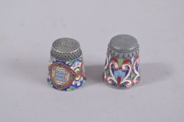 TWO RUSSIAN SILVER ENAMEL THIMBLES.