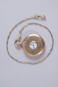 A GENTLEMAN'S 9CT GOLD HALF HUNTER POCKET WATCH, Russell & Son, Liverpool, on a 15ct gold chain.