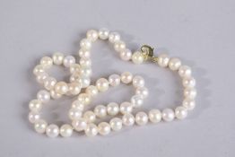 AN 18ins WHITE CULTURED PEARL NECKLACE with gold plated clasp.