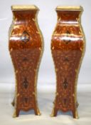 A GOOD PAIR OF LOUIS XVI STYLE INLAID PEDESTALS with ormolu mounts and square marble tops. 4ft