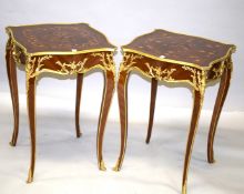 A GOOD PAIR OF LOUIS XVI STYLE INLAID SQUARE TOP TABLES on curving legs. 2ft 5ins high x 1ft 8ins