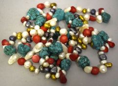 A LONG HARDSTONE AND PEARL NECKLACE. 40ins long.