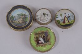 FOUR REVERSE PAINTED CIRCULAR BOXES. Various Sizes.