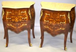 A SMALL PAIR OF LOUIS XVI STYLE MARBLE TOP COMMODES with two drawers, on curving legs.