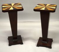A GOOD PAIR OF DECO DESIGN PEDESTAL TABLES. 2ft 8ins high x 1ft 3ins square.